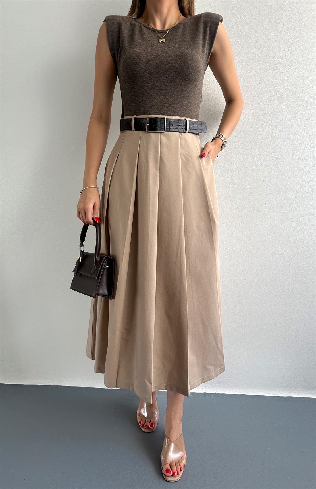 Vatkalı Konstrat Elbise KAHVERENGİ