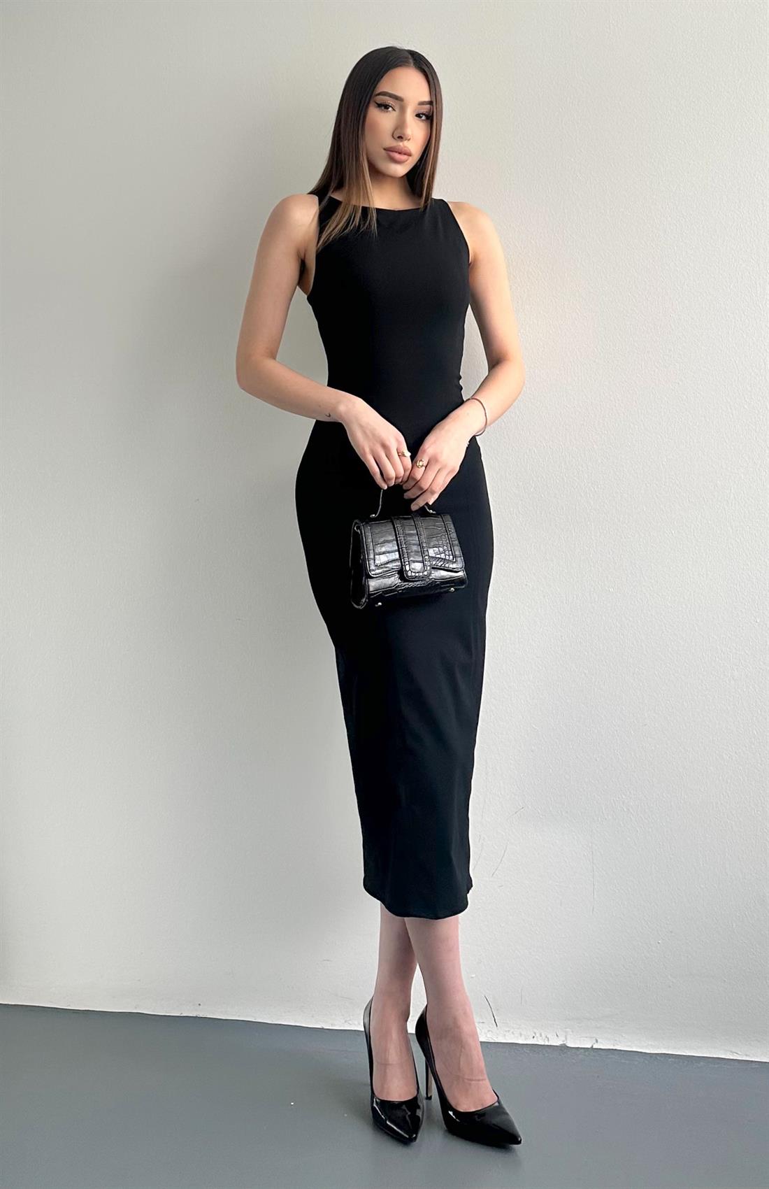 Vücuda Oturan Midi Elbise SİYAH