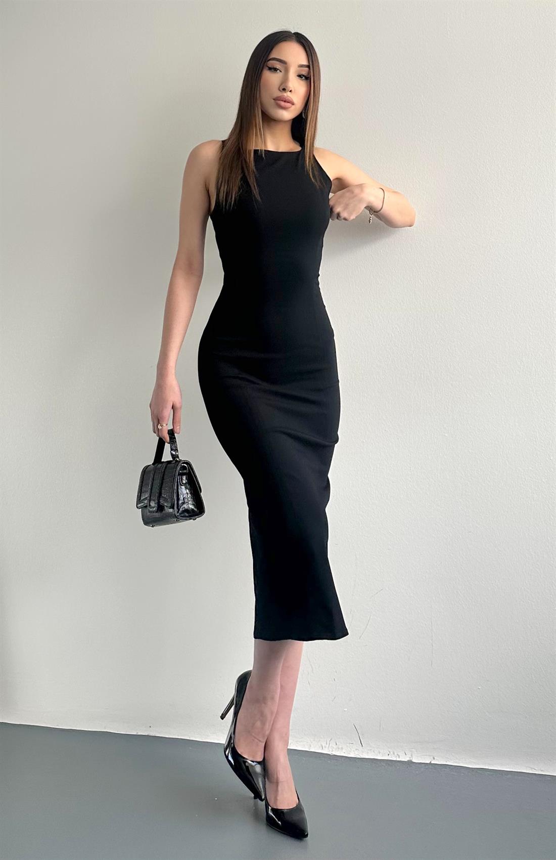 Vücuda Oturan Midi Elbise SİYAH