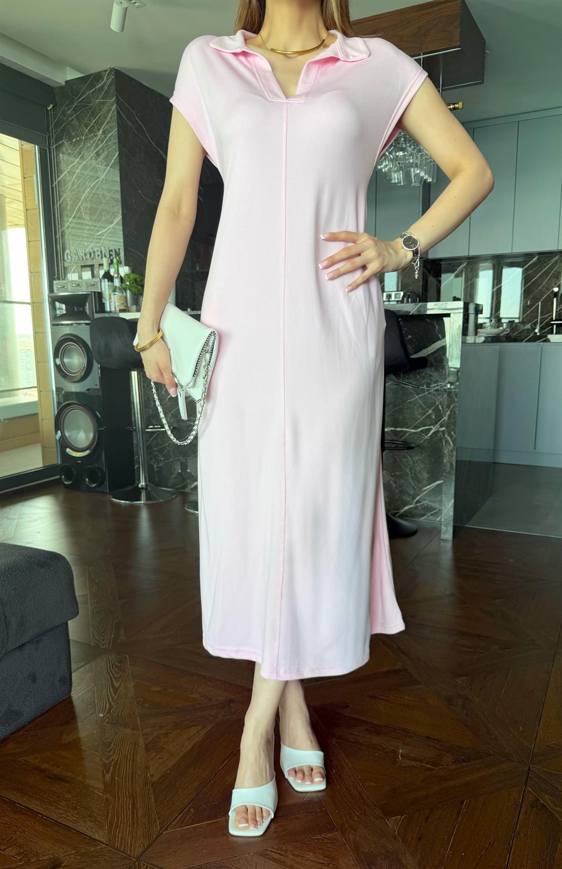 Yakalı Pike Elbise PEMBE
