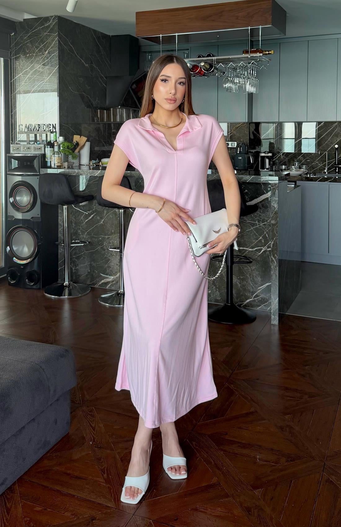 Yakalı Pike Elbise PEMBE