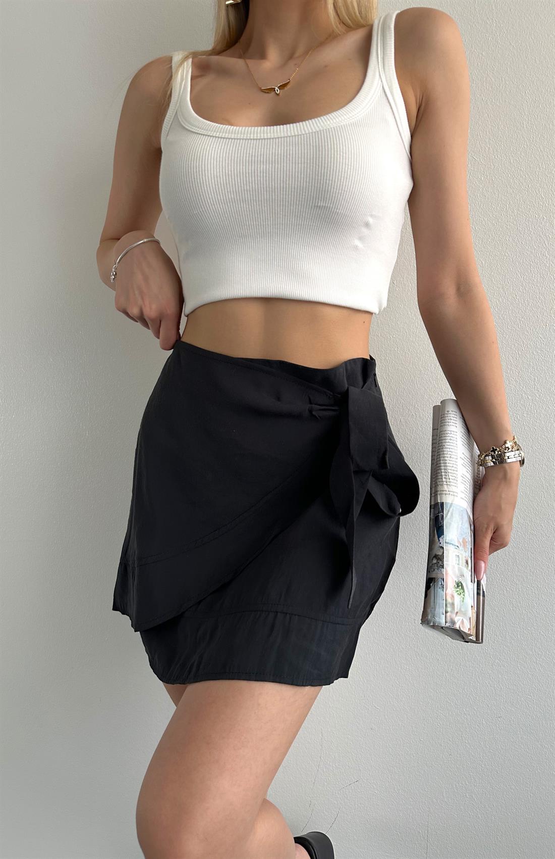 Bağlama Detaylı Fırfırlı Etek SİYAH