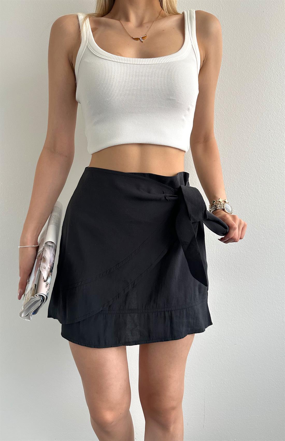 Bağlama Detaylı Fırfırlı Etek SİYAH