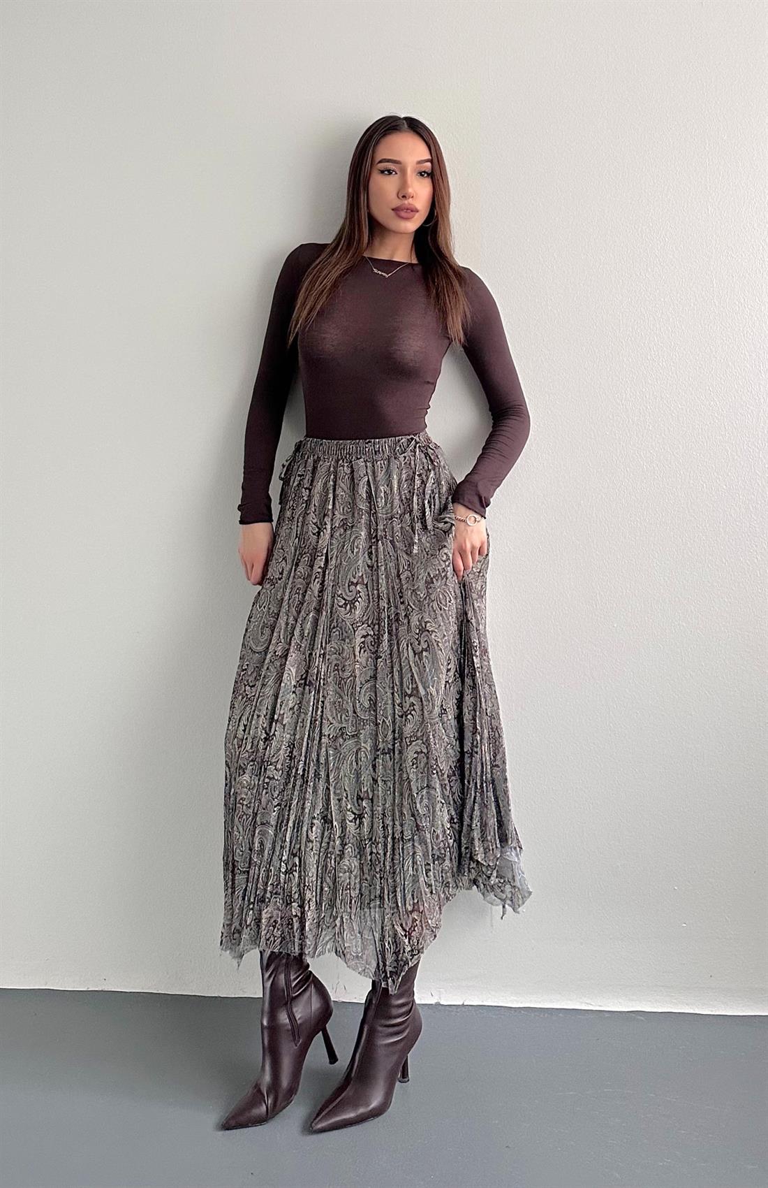 Beli Lastikli Desenli Etek YEŞİL