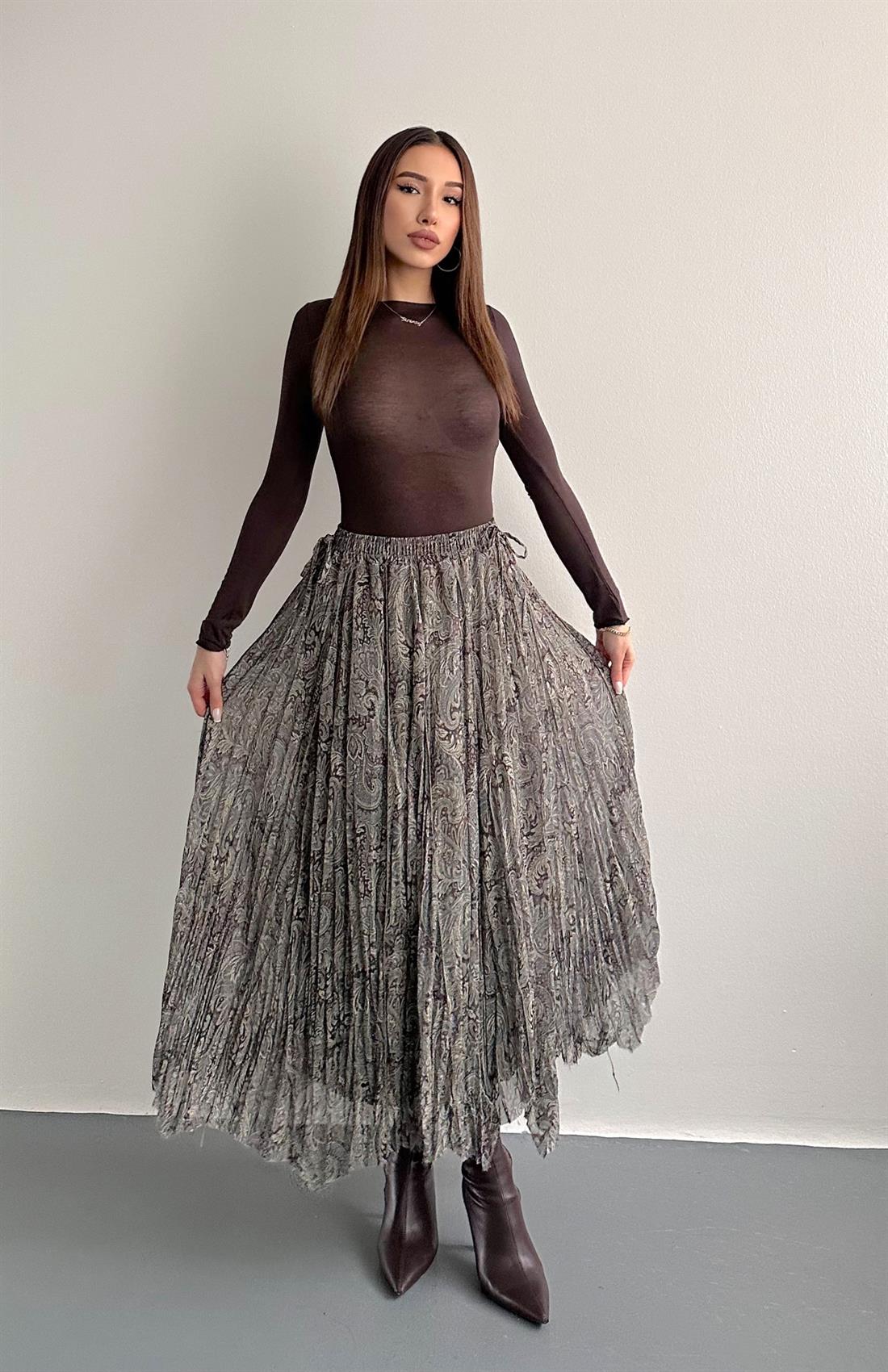 Beli Lastikli Desenli Etek YEŞİL