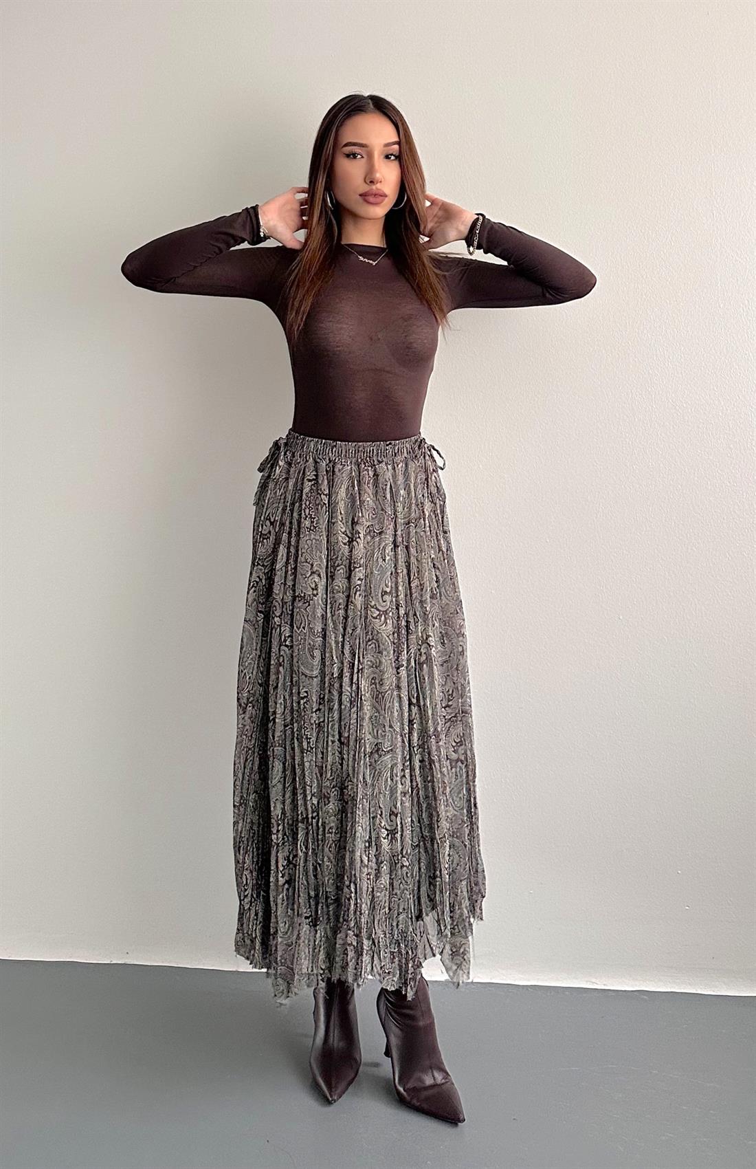 Beli Lastikli Desenli Etek YEŞİL