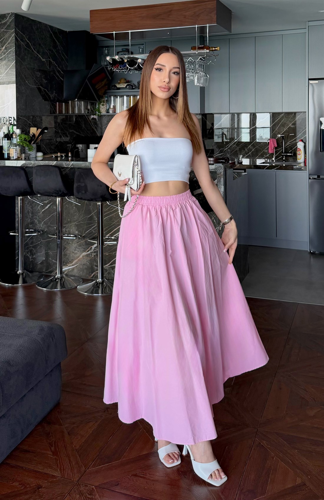 Cepli Beli Lastikli Paraşüt Etek PEMBE