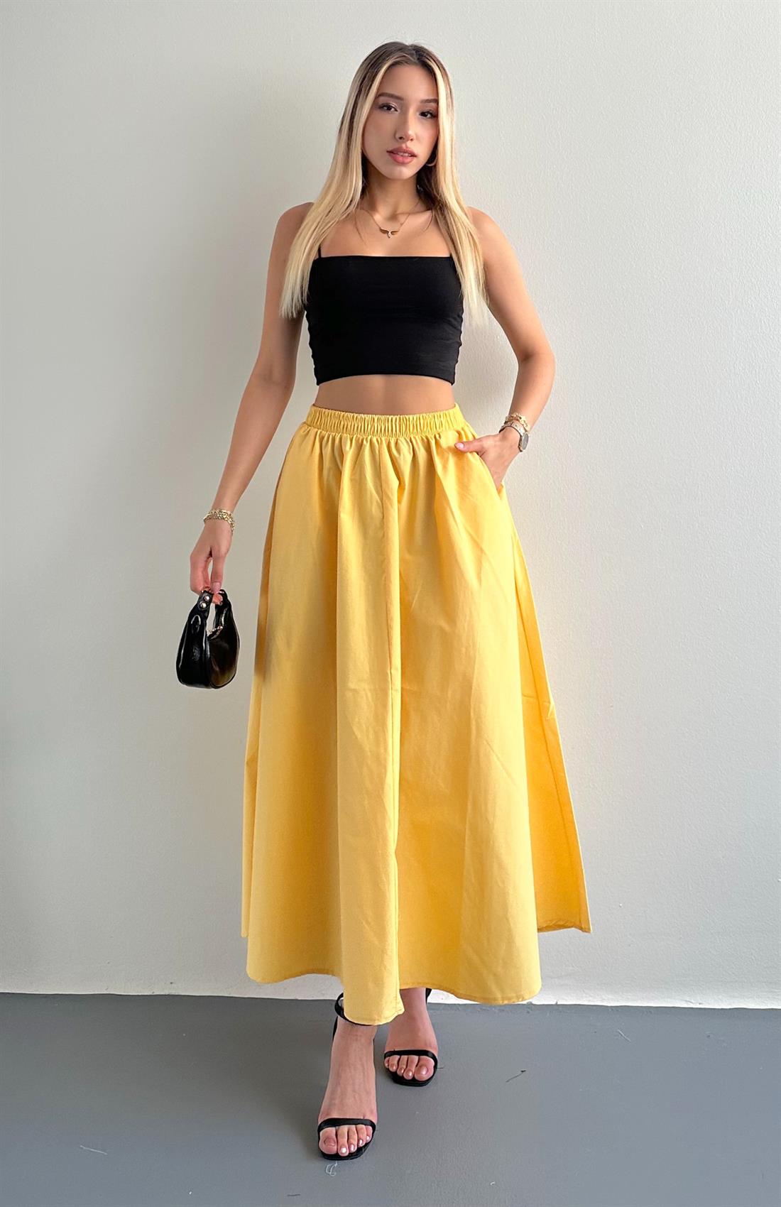 Cepli Beli Lastikli Paraşüt Etek SARI