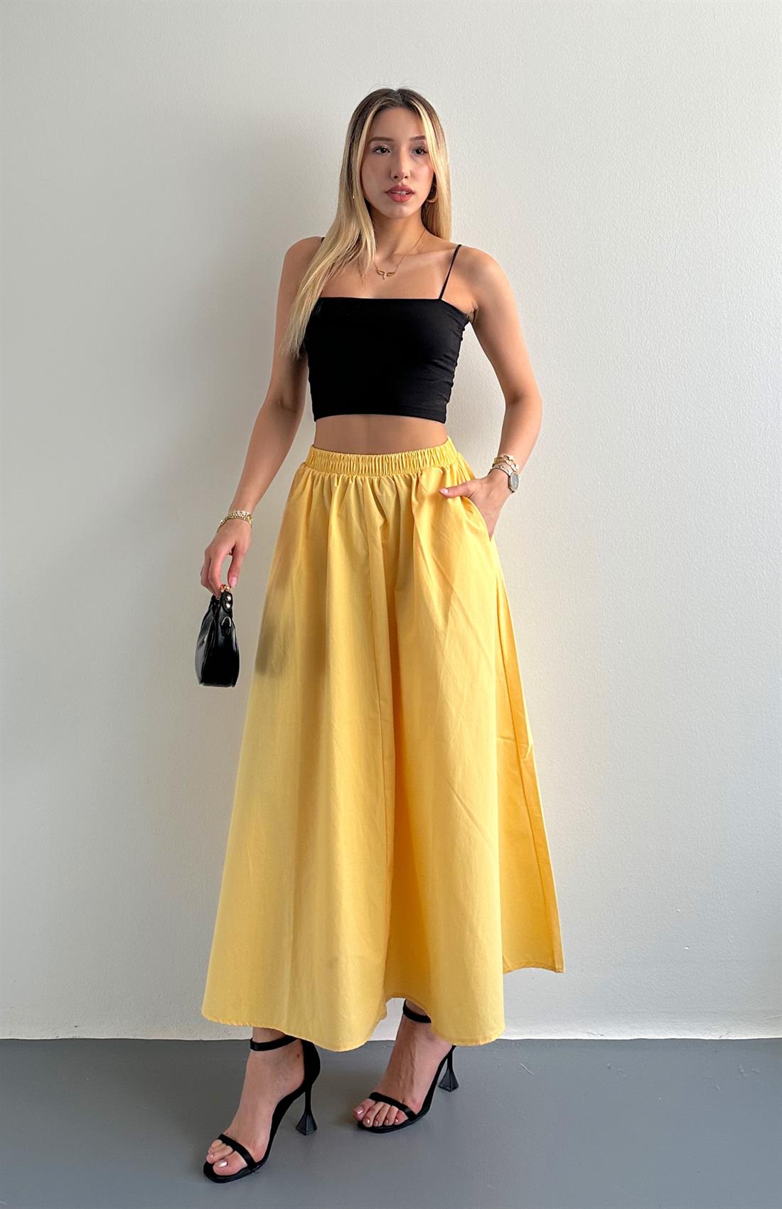 Cepli Beli Lastikli Paraşüt Etek SARI