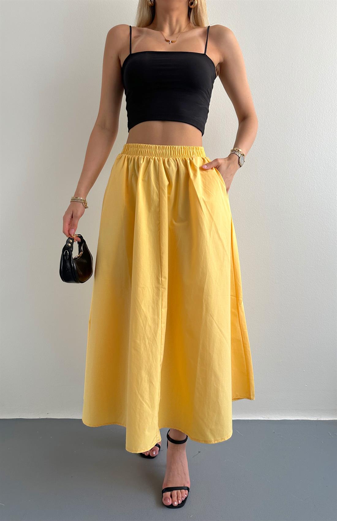 Cepli Beli Lastikli Paraşüt Etek SARI