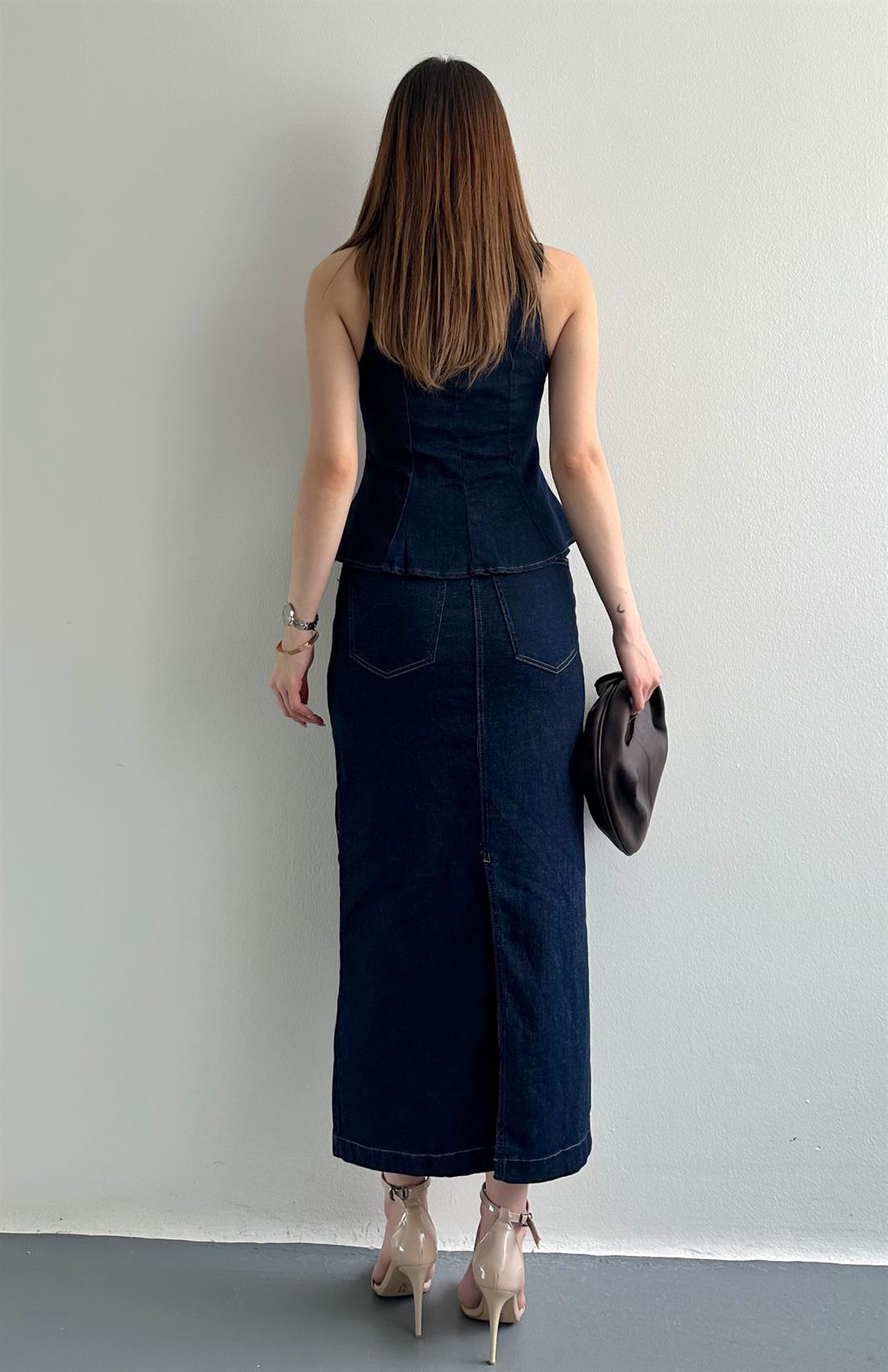 Cepli Yırtmaçlı Midi Denim Etek LACİVERT