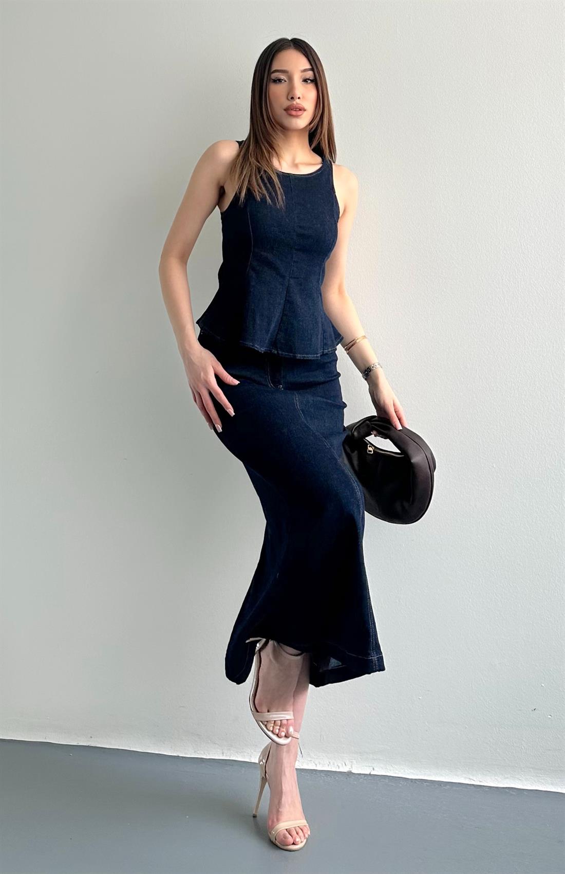 Cepli Yırtmaçlı Midi Denim Etek LACİVERT