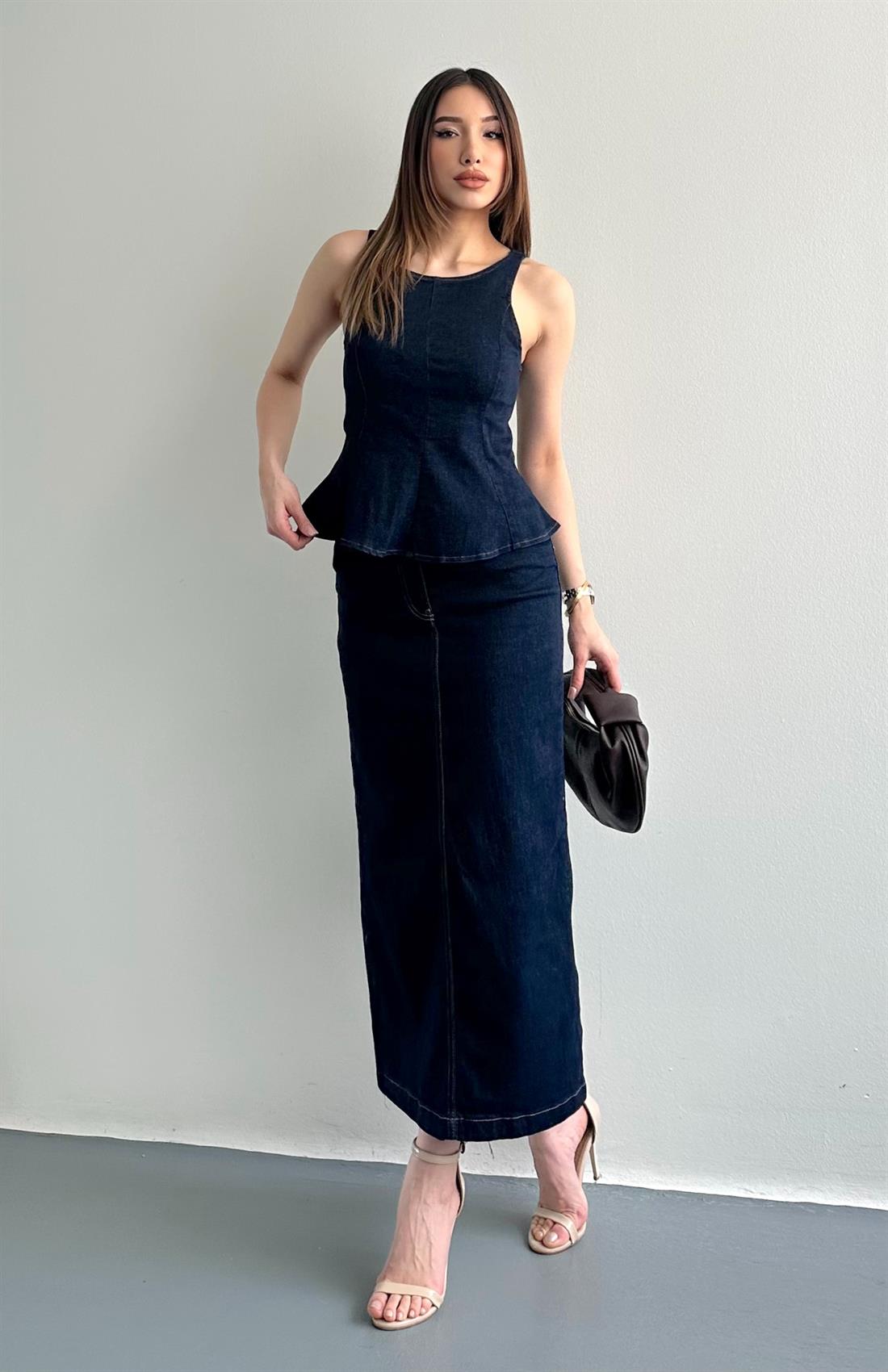 Cepli Yırtmaçlı Midi Denim Etek LACİVERT