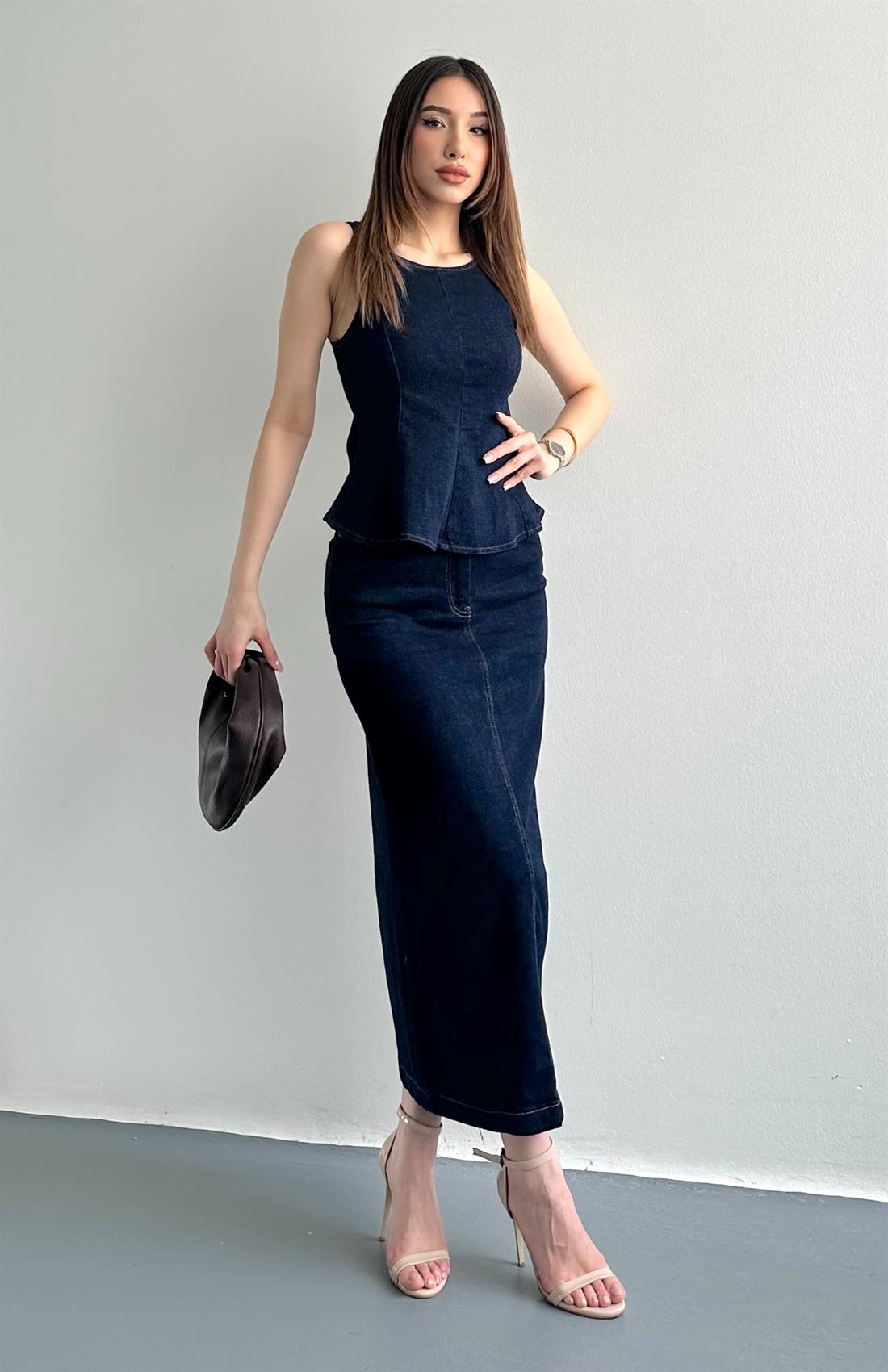 Cepli Yırtmaçlı Midi Denim Etek LACİVERT