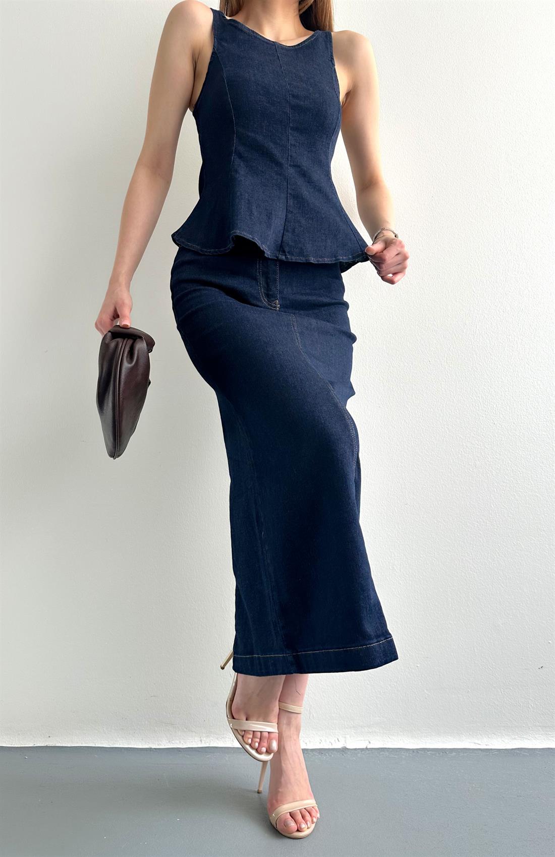 Cepli Yırtmaçlı Midi Denim Etek LACİVERT