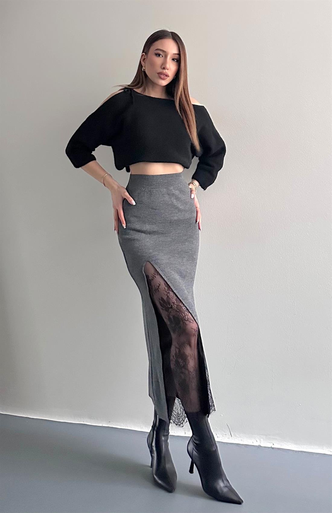 Dantel Detaylı Triko Etek ANTRASİT