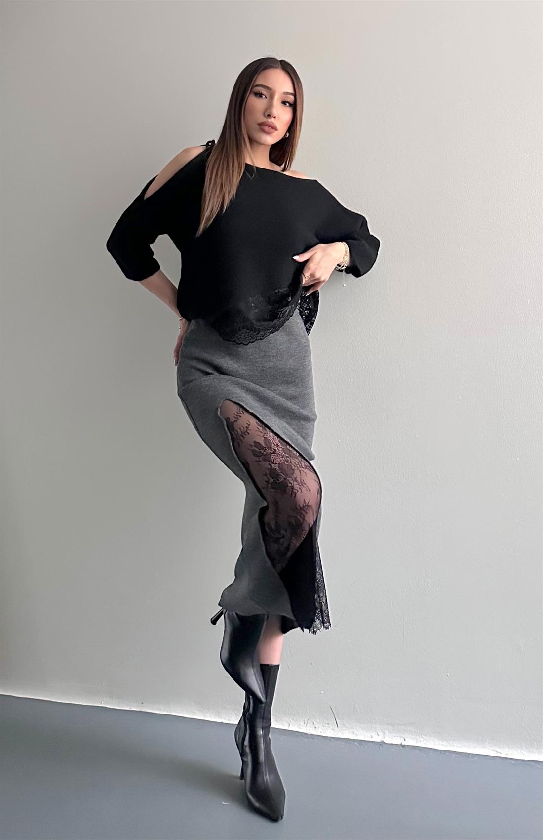 Dantel Detaylı Triko Etek ANTRASİT