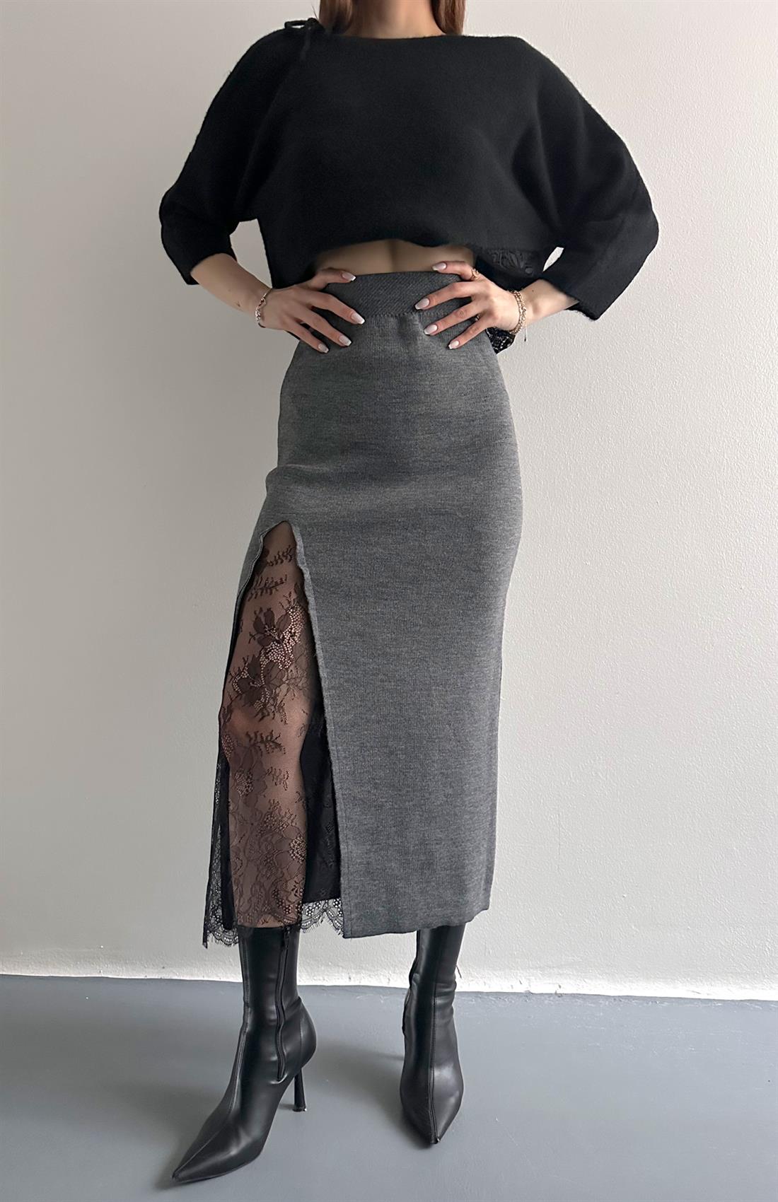 Dantel Detaylı Triko Etek ANTRASİT