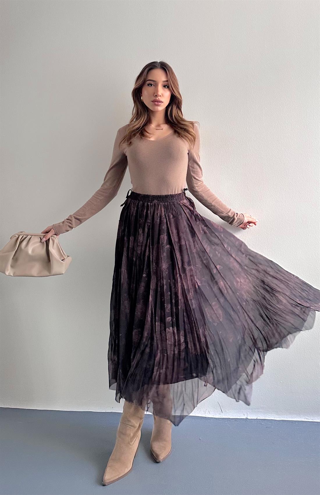 Desenli Elbise KAHVERENGİ