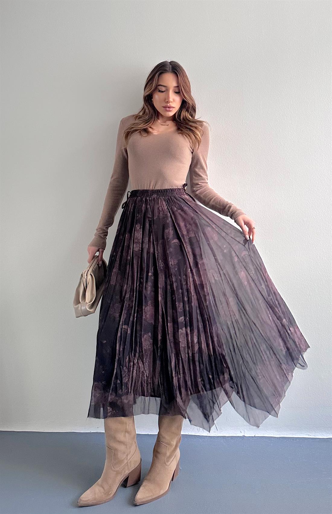 Desenli Elbise KAHVERENGİ