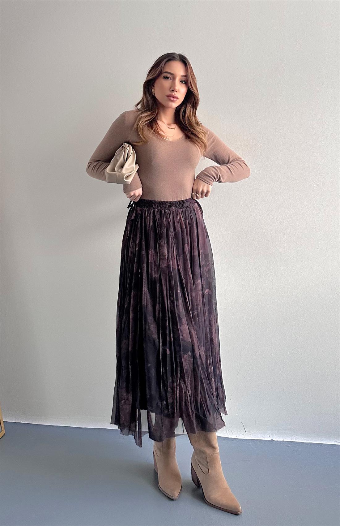 Desenli Elbise KAHVERENGİ