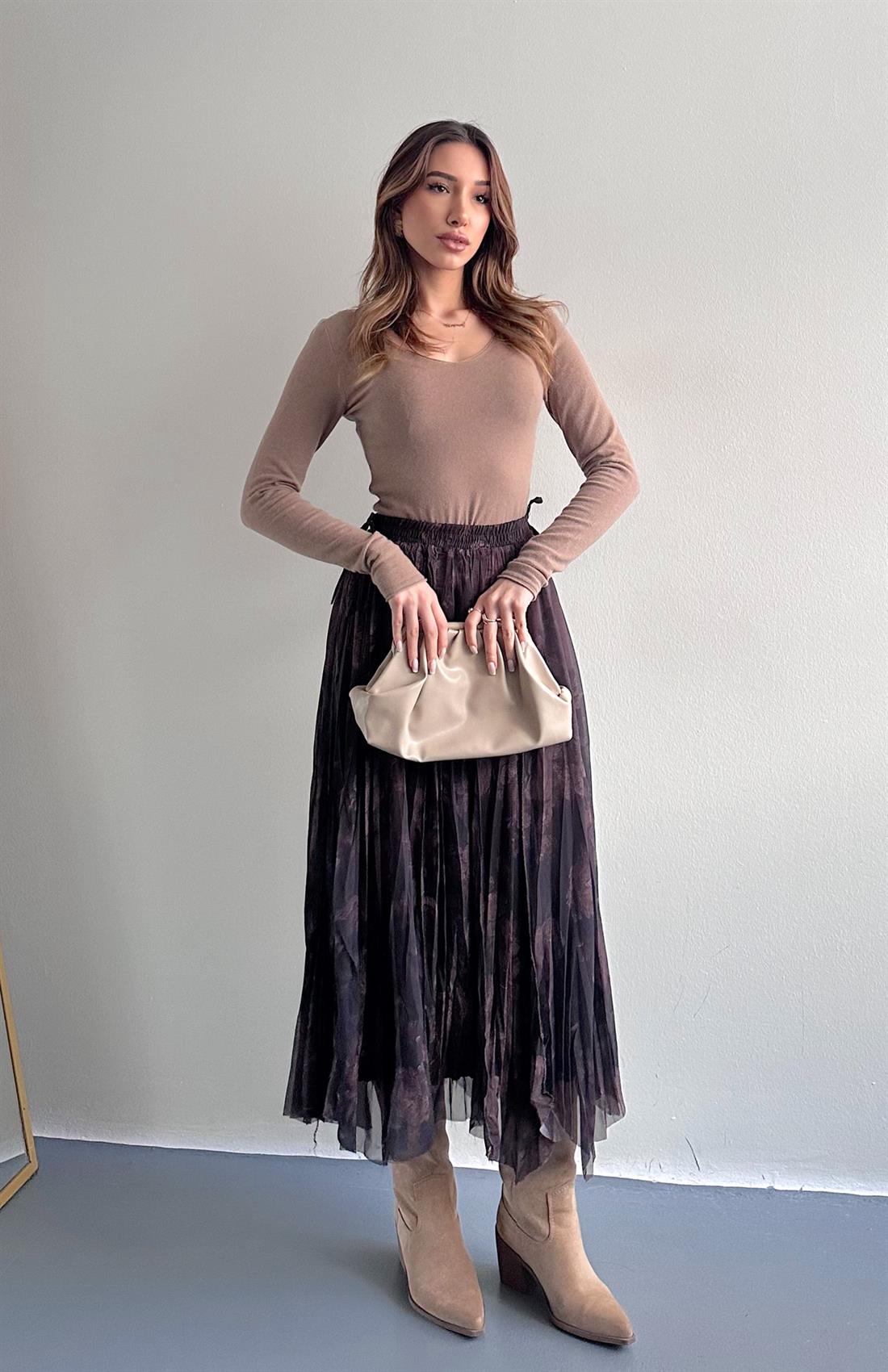 Desenli Elbise KAHVERENGİ