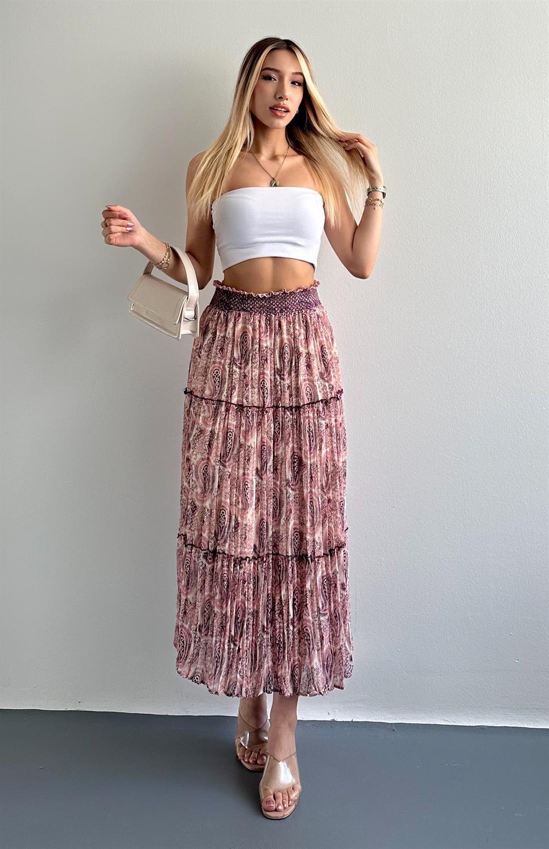 Desenli Kroşeta Etek BEJ