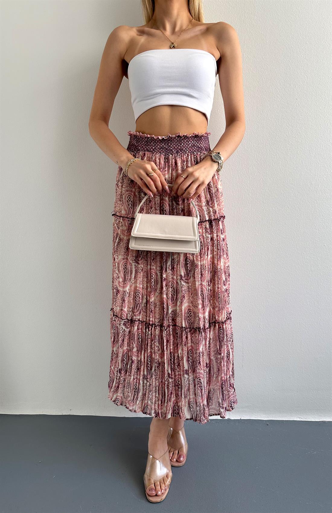 Desenli Kroşeta Etek BEJ