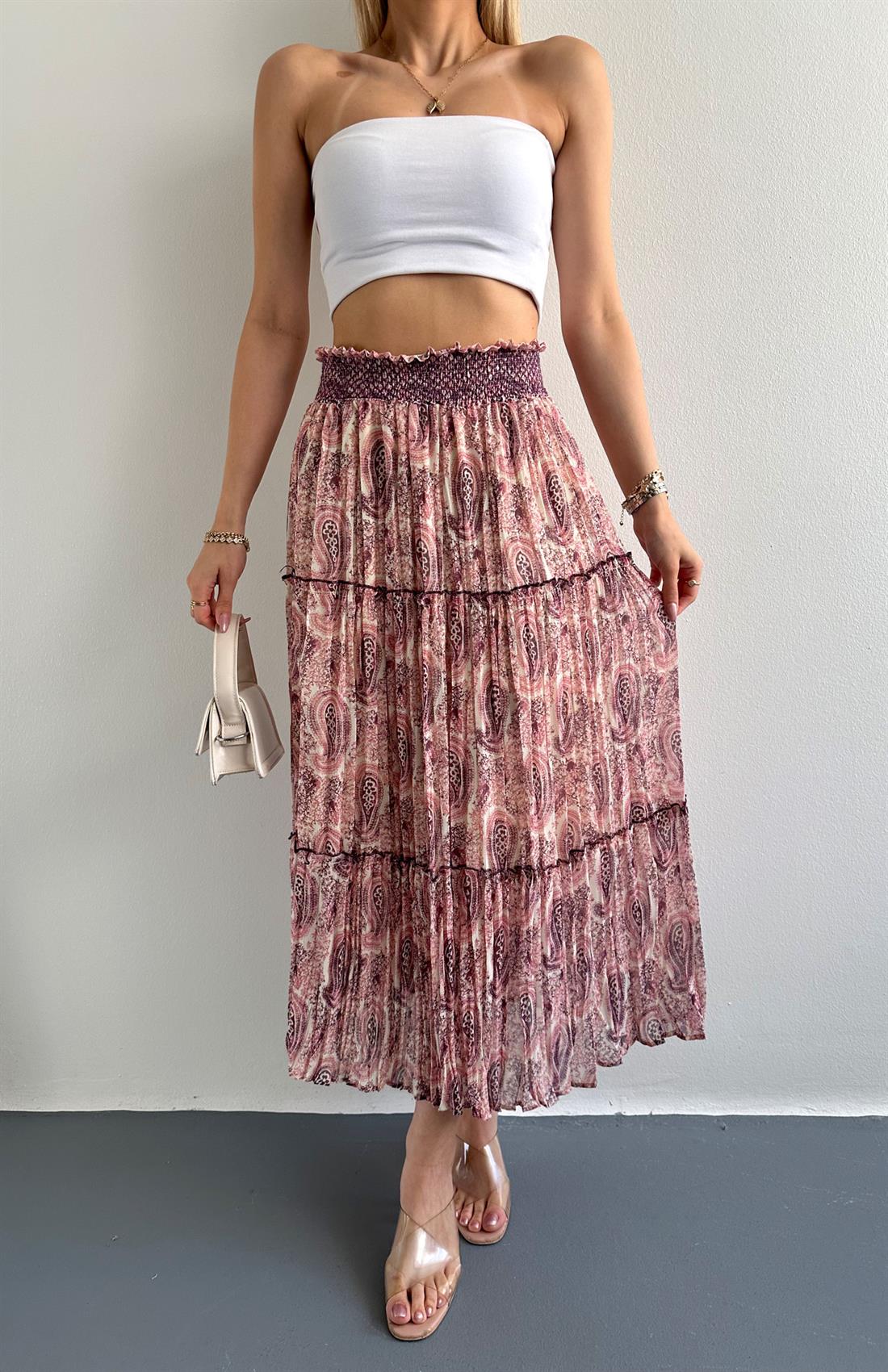 Desenli Kroşeta Etek BEJ