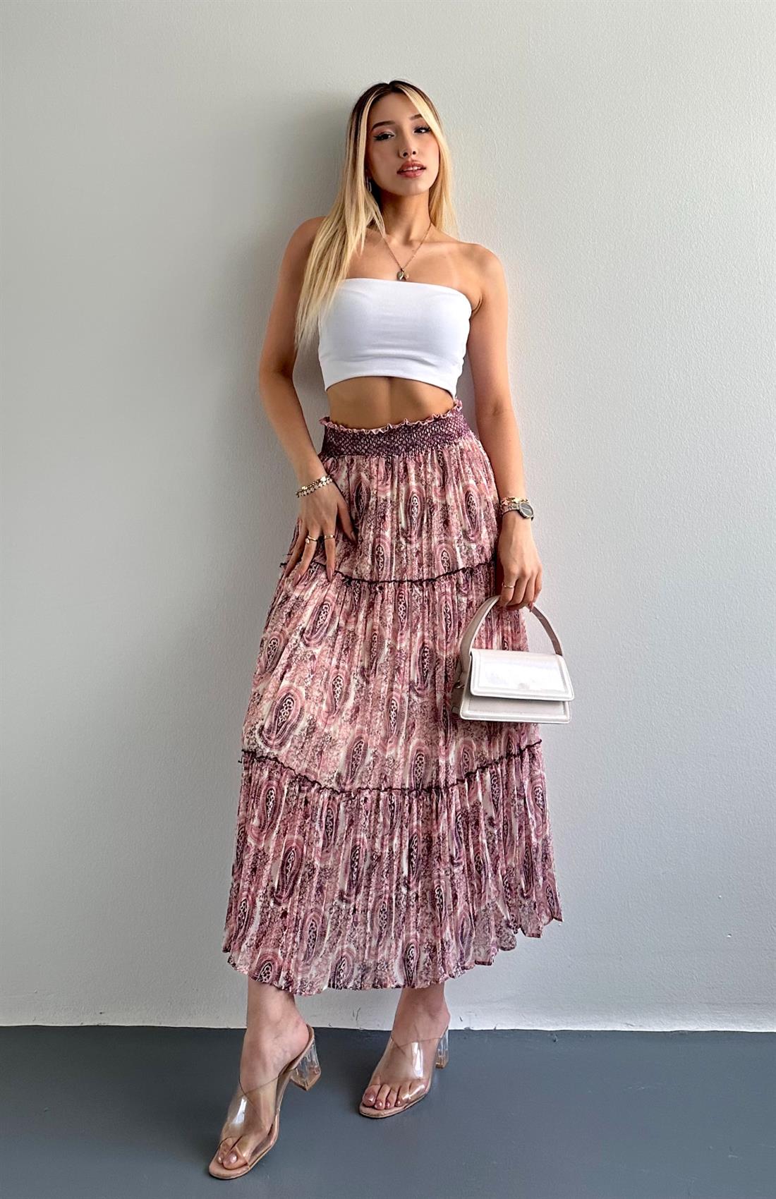 Desenli Kroşeta Etek BEJ