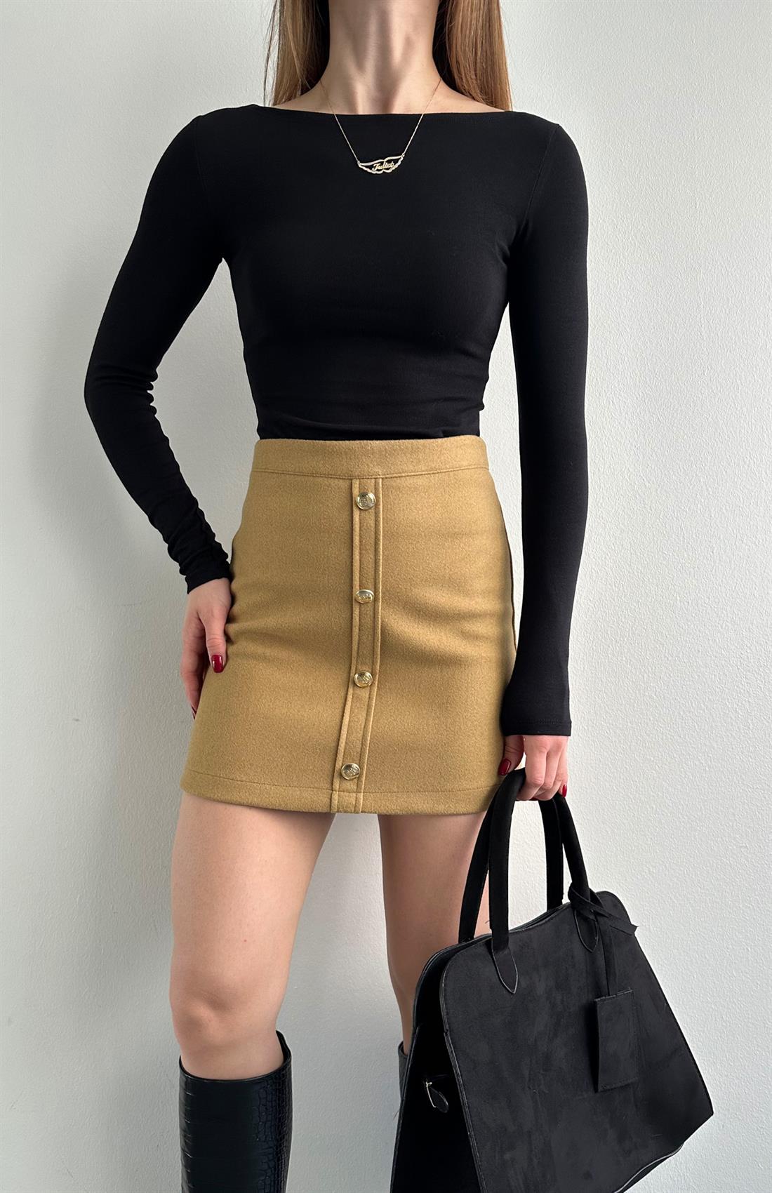 Düğmeli Kaşe Etek CAMEL