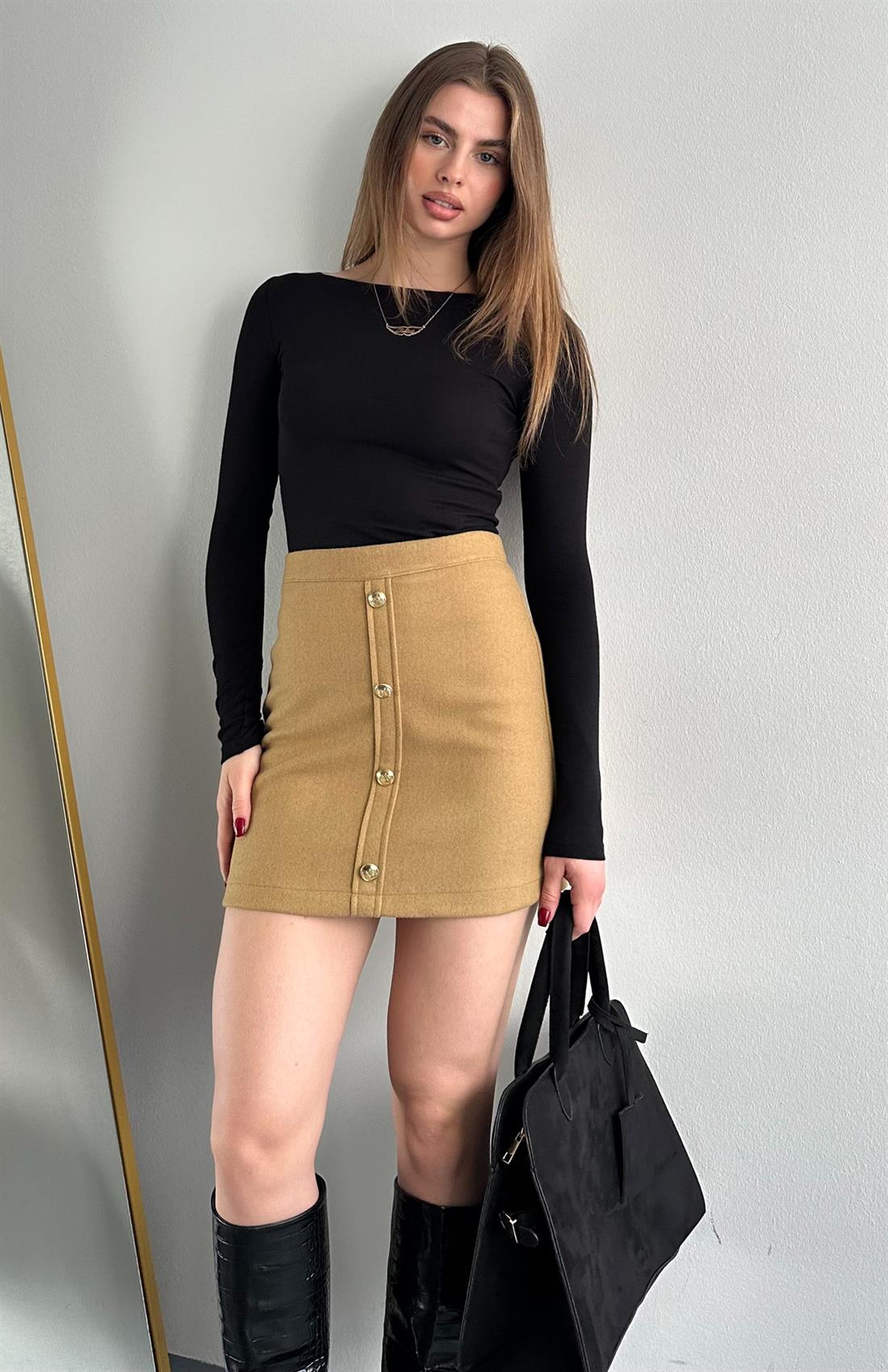 Düğmeli Kaşe Etek CAMEL