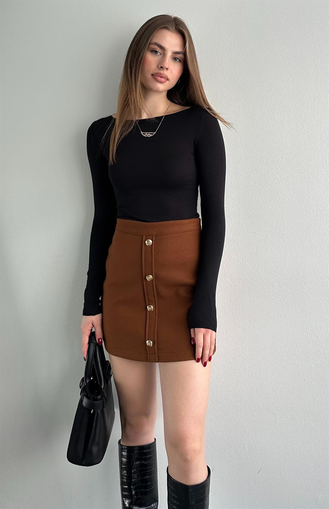 Düğmeli Kaşe Etek KAHVERENGİ