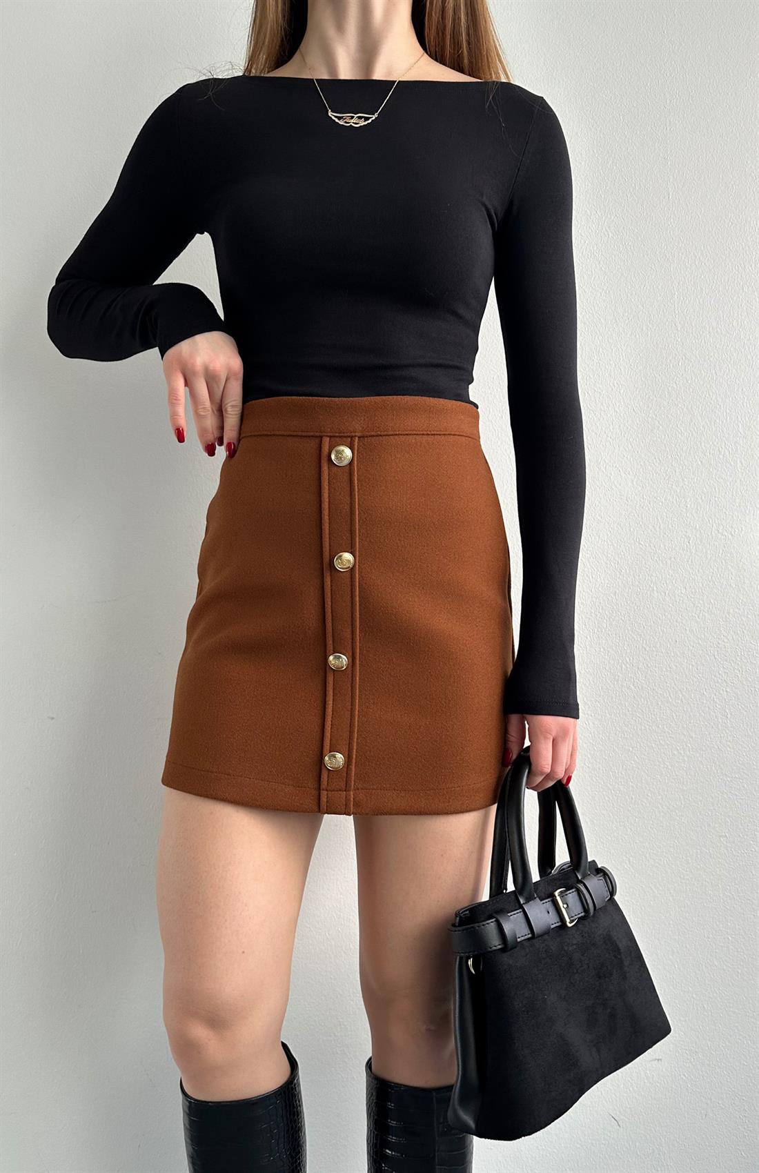 Düğmeli Kaşe Etek KAHVERENGİ