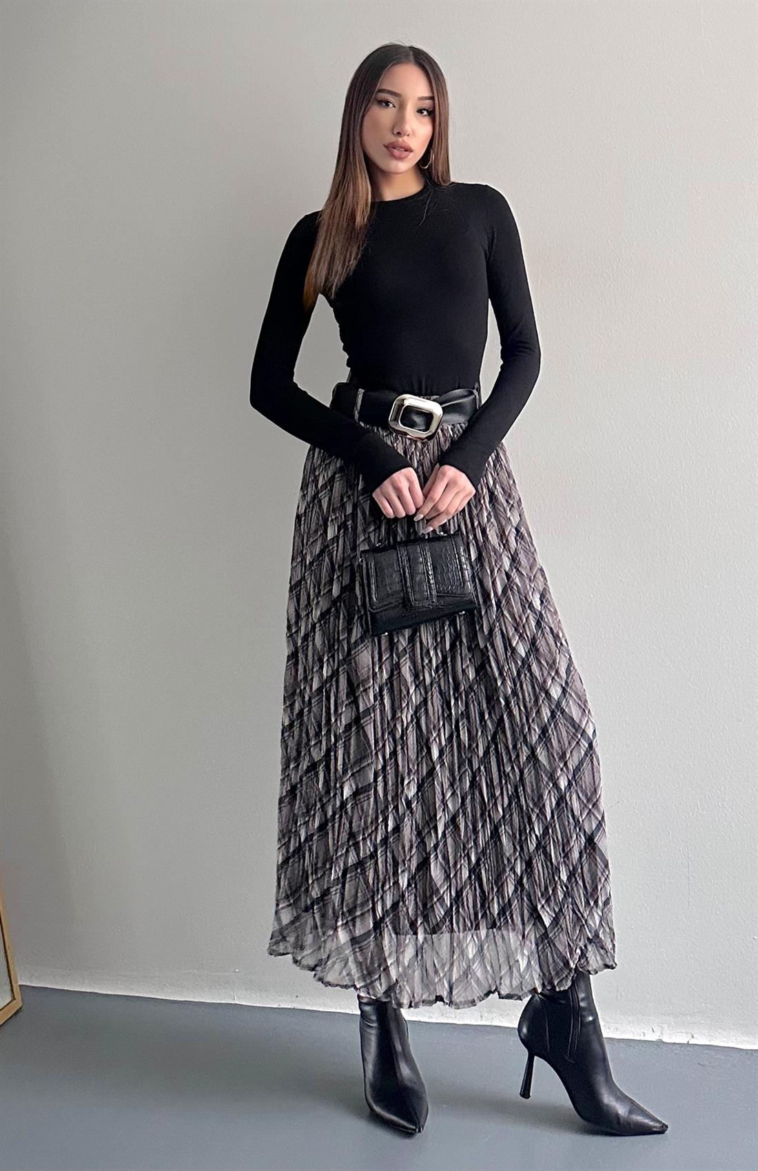 Ekose Desen Kraşlı Etek BEJ