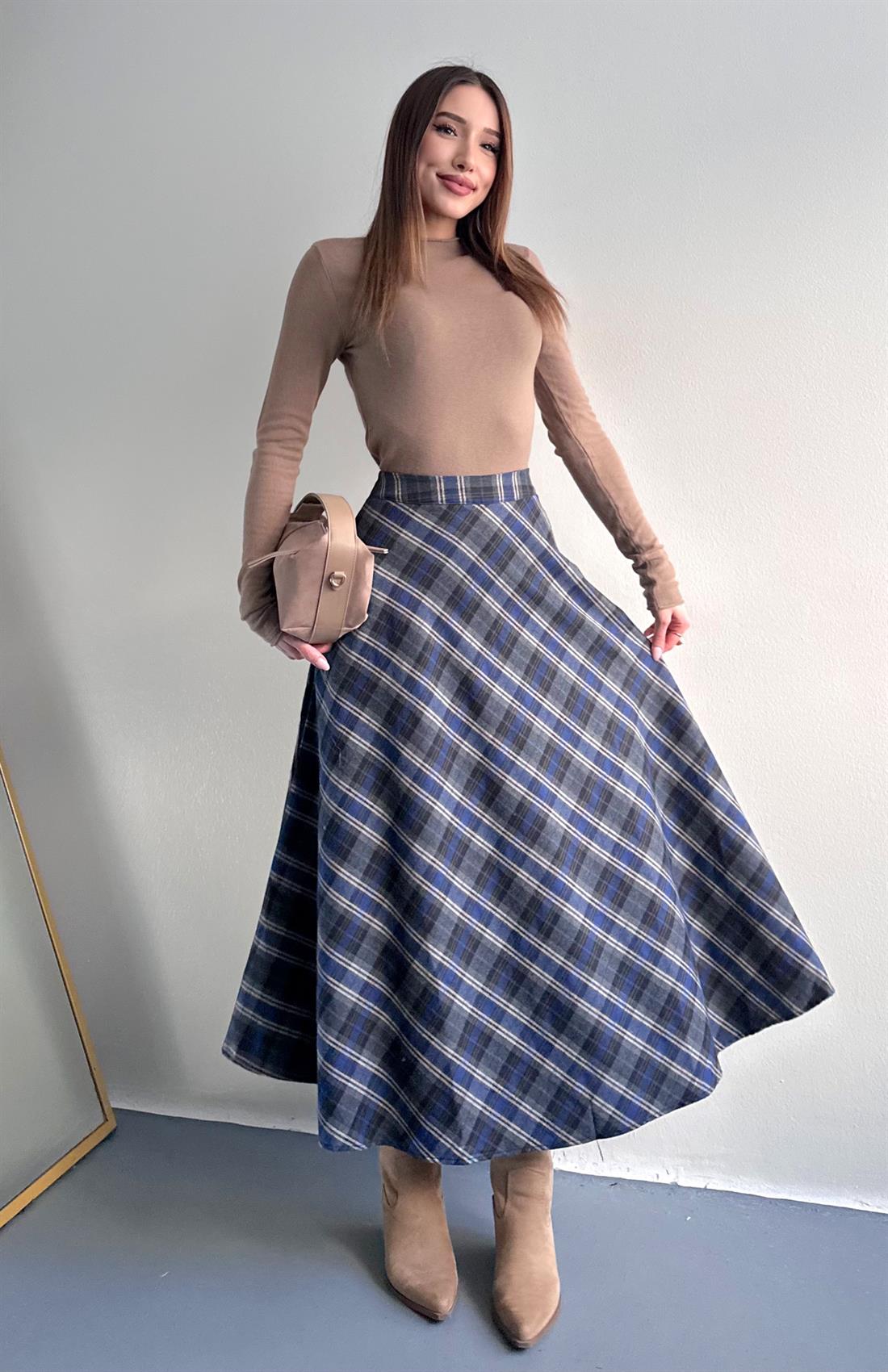 Ekose Desenli Verev Etek LACİVERT