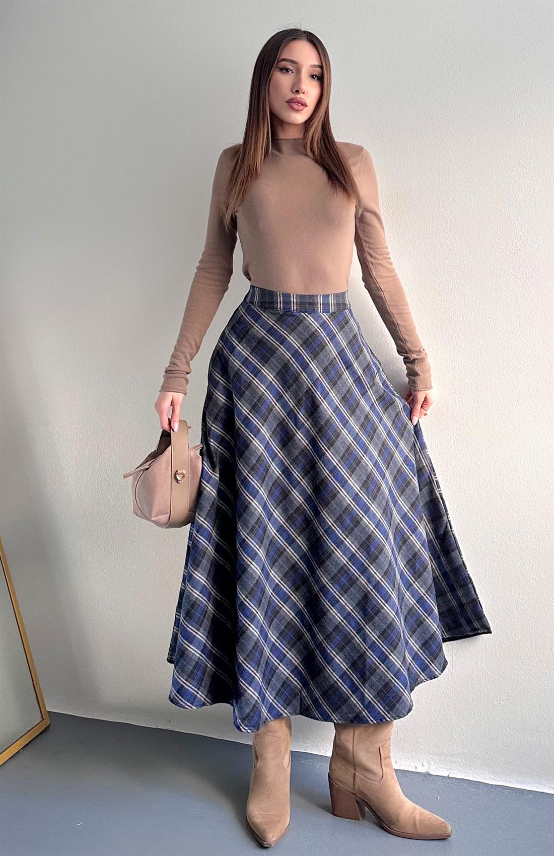 Ekose Desenli Verev Etek LACİVERT