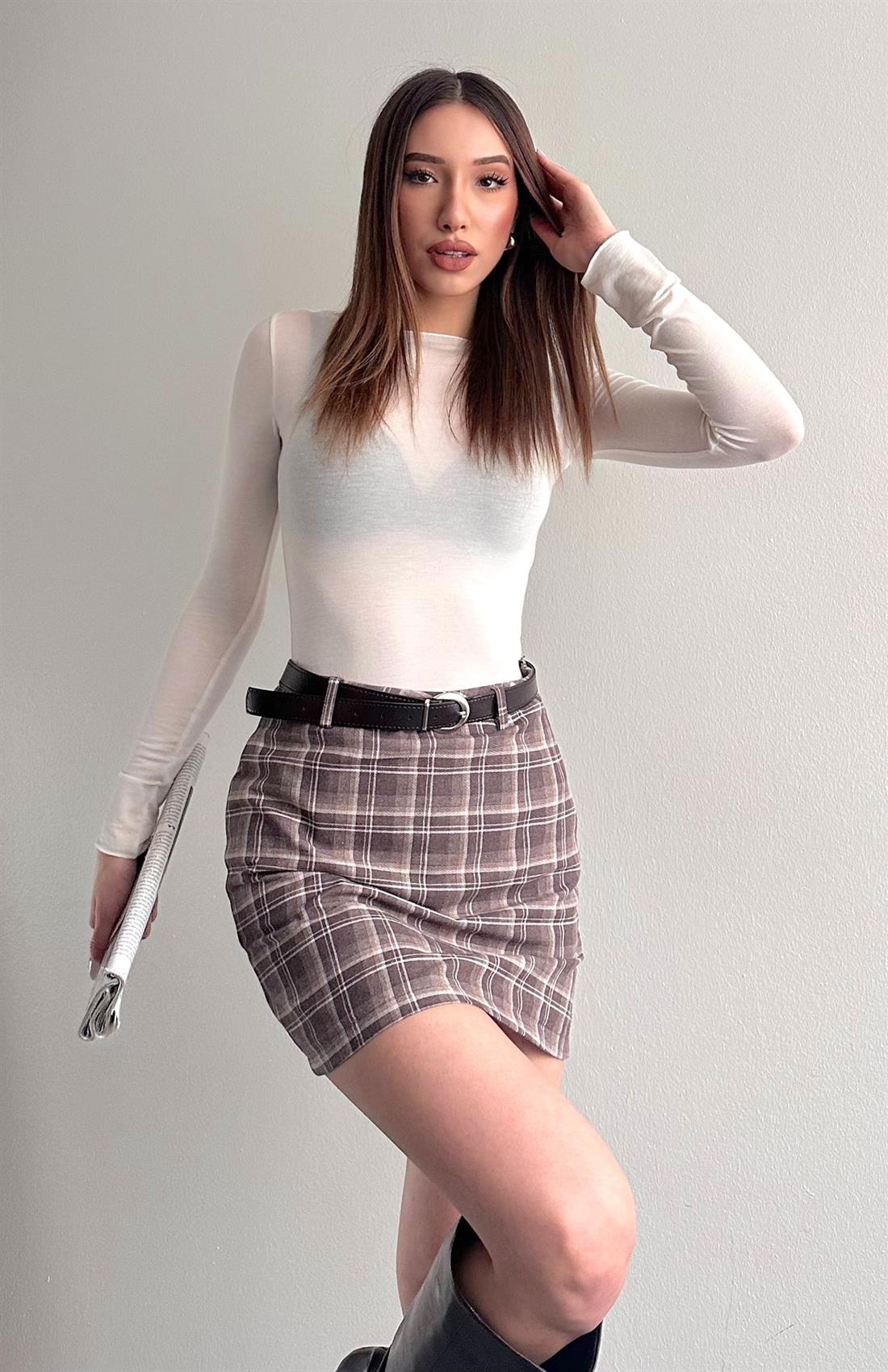 Ekose Düz Şort Etek A.KAHVE