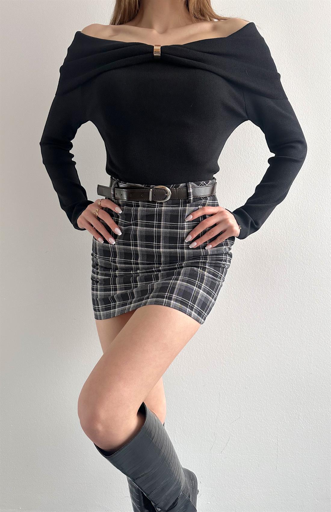 Ekose Düz Şort Etek SİYAH