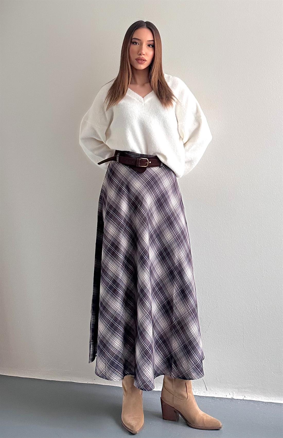 Ekose Kemerli Etek Kahve-bej