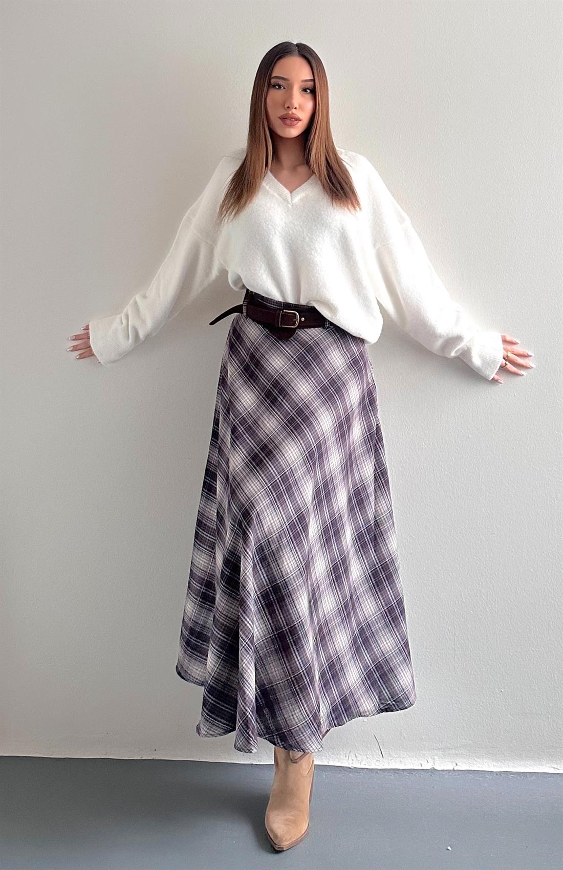 Ekose Kemerli Etek Kahve-bej