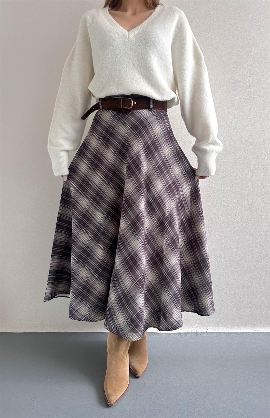 Ekose Kemerli Etek Kahve-bej