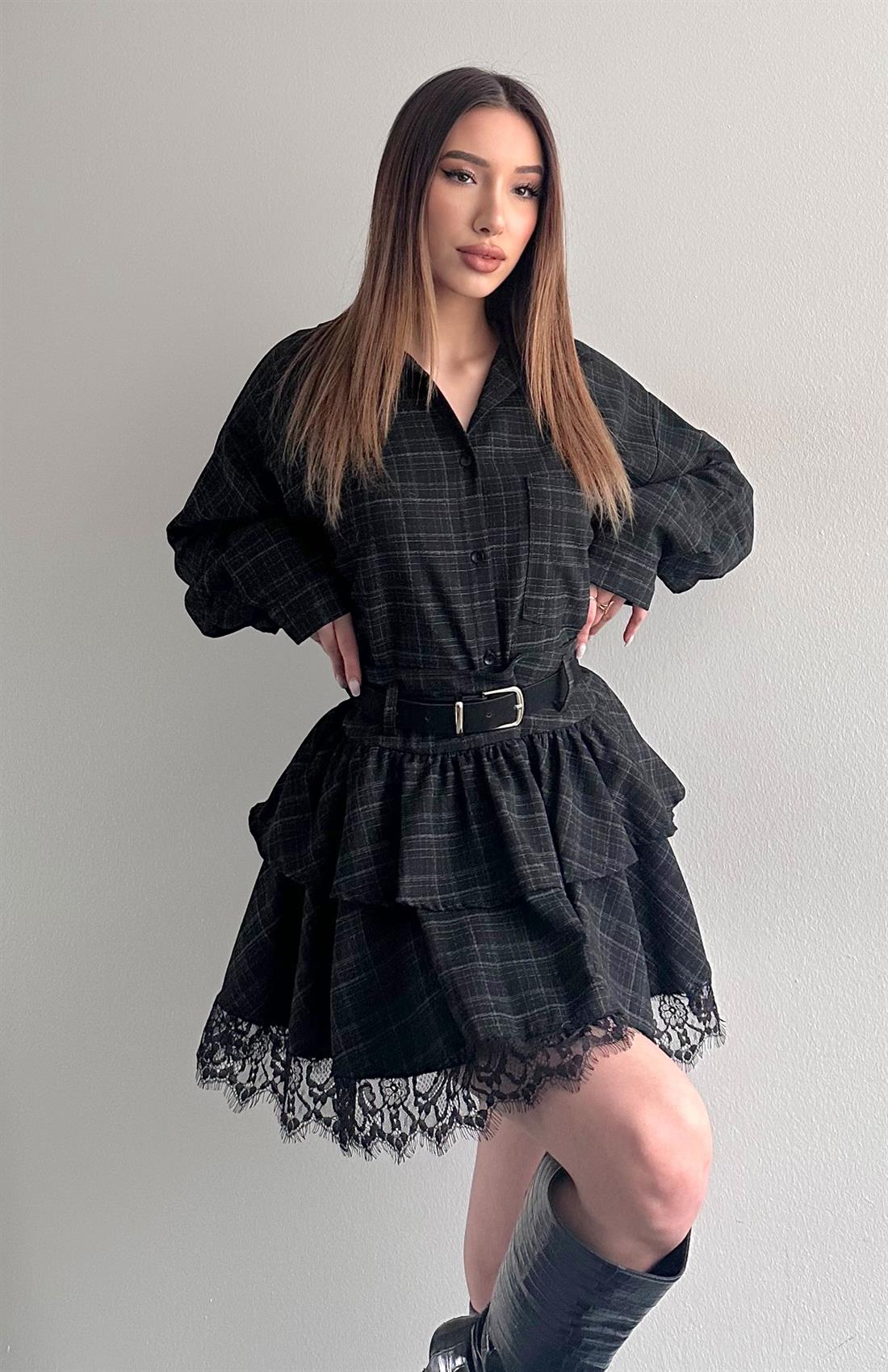 Ekose Kemerli Etek SİYAH