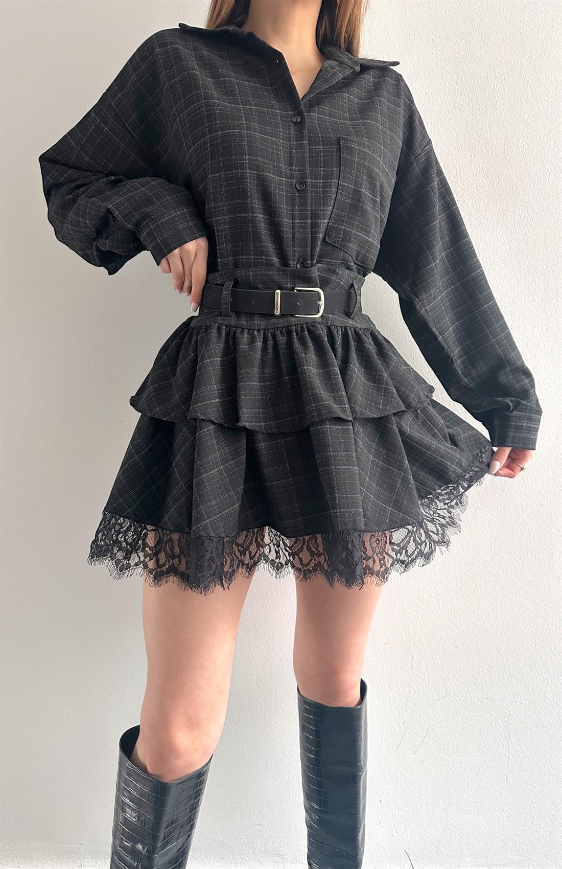 Ekose Kemerli Etek SİYAH