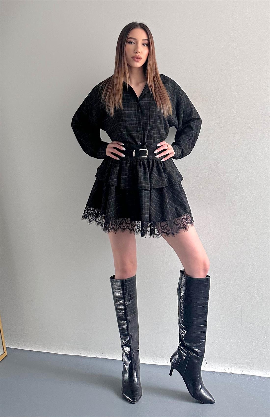 Ekose Kemerli Etek SİYAH