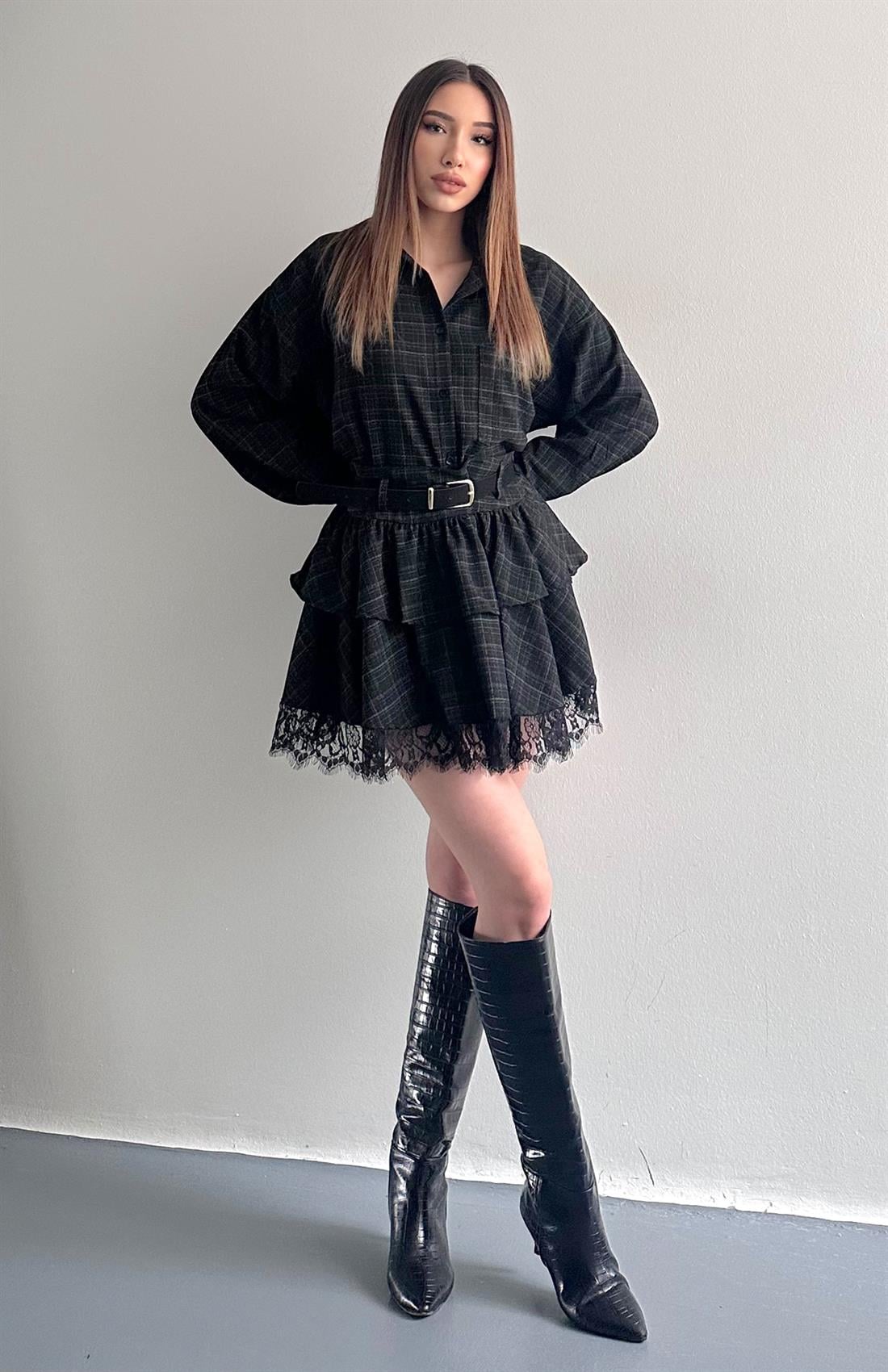 Ekose Kemerli Etek SİYAH