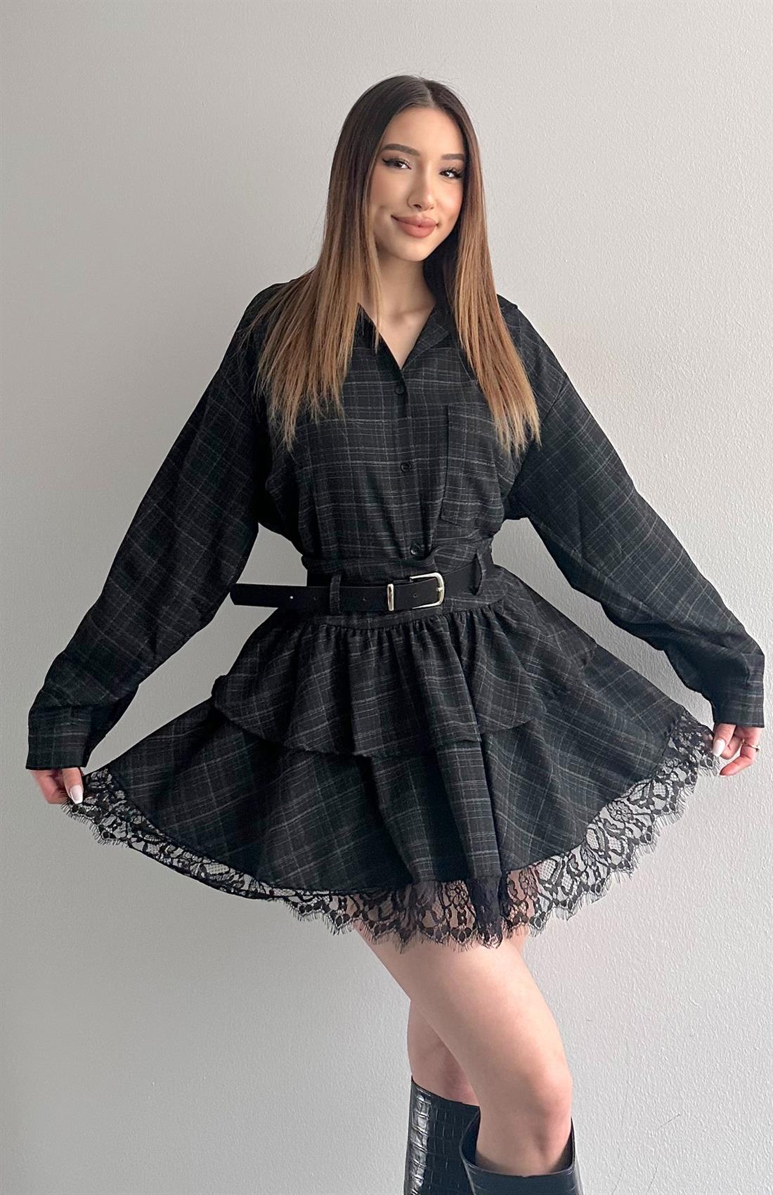 Ekose Kemerli Etek SİYAH