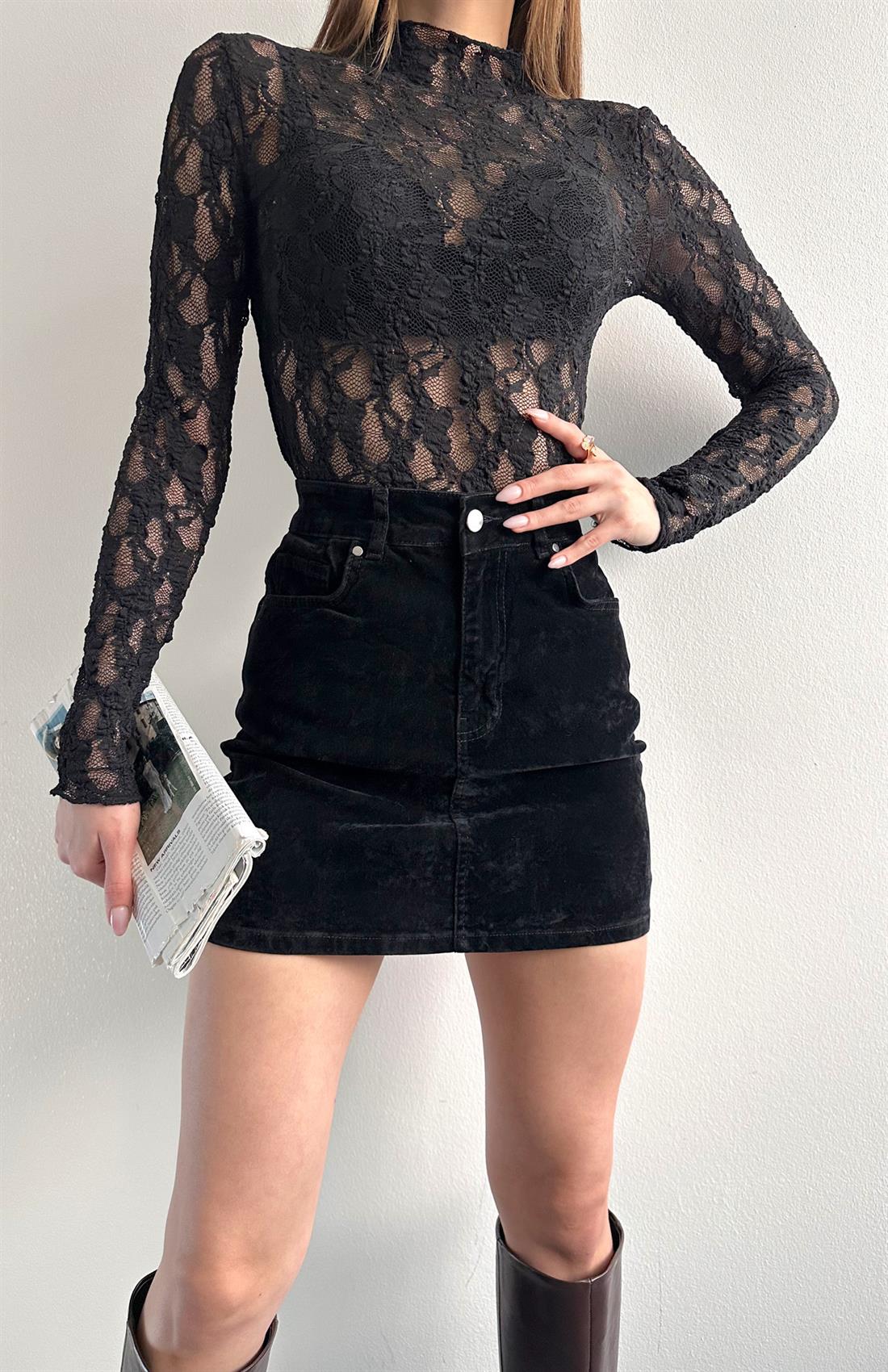 Flok Kaplama Likrali Mini Etek SİYAH