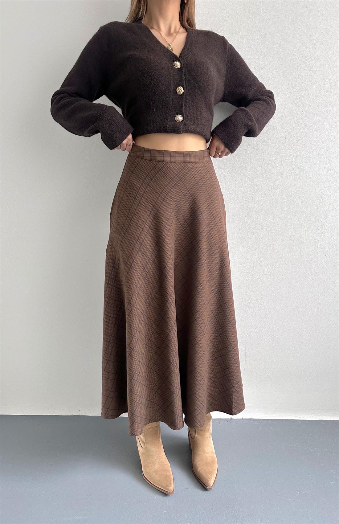 Kahve Ekose Desen Verev Etek KAHVERENGİ