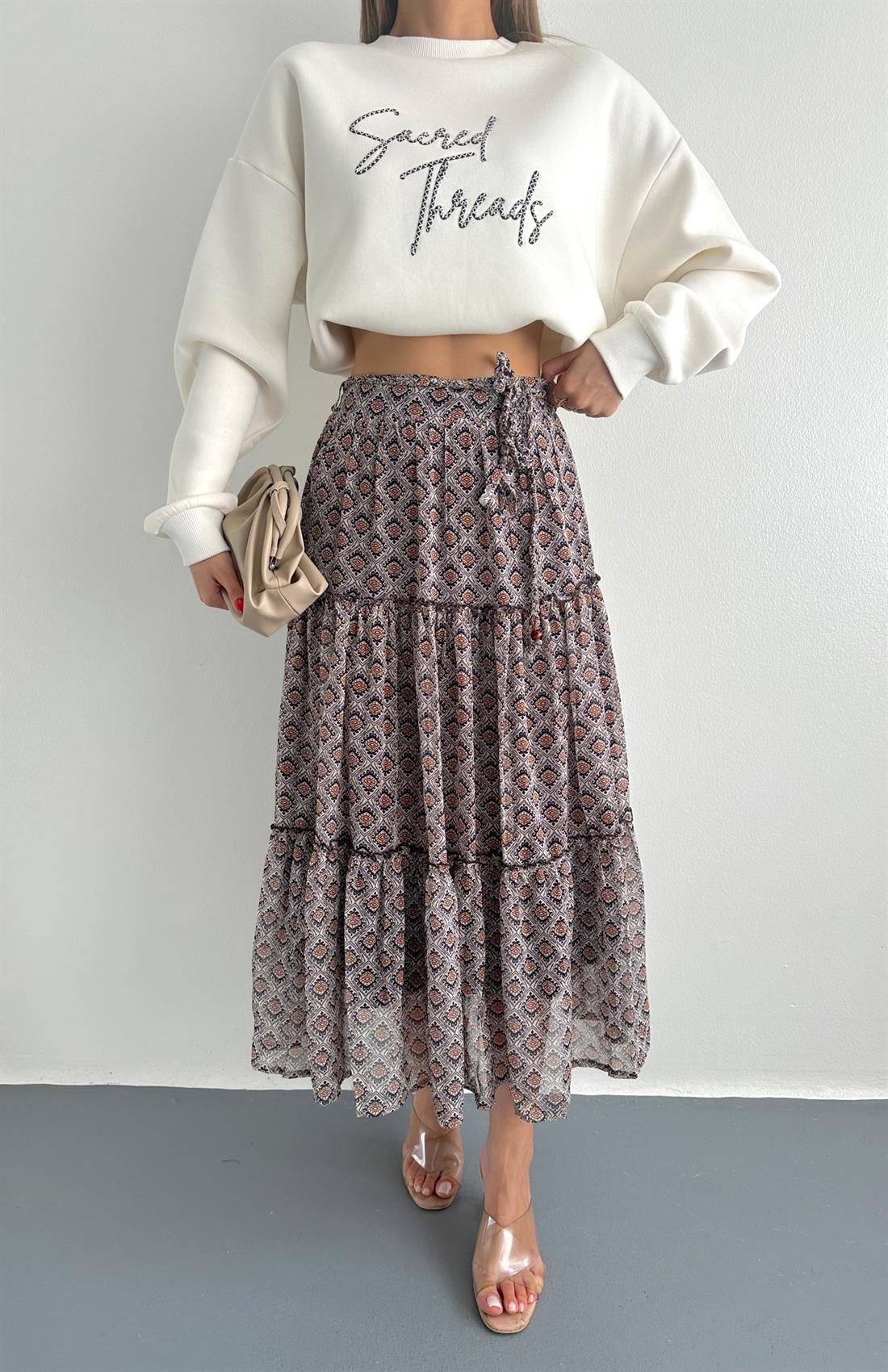 Kemer Detaylı Desenli Midi Etek KAHVERENGİ